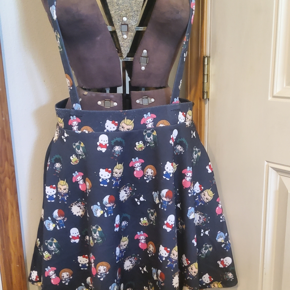 Hot Topic Black Skater Suspender Skirt with Character Print